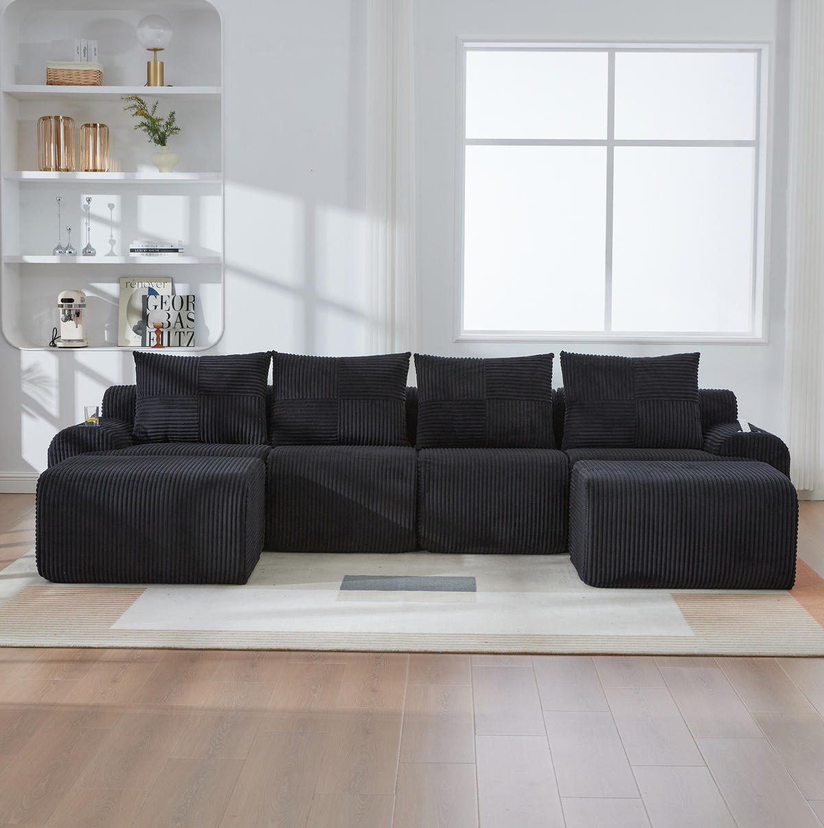 WOHNLANDSCHAFT Modulares Sofa 333/174/80 cm schwarz aus Cord mit Getränkehalter und Seitentasche - Schwarz, Textil (174/80/333cm) - Modenvie