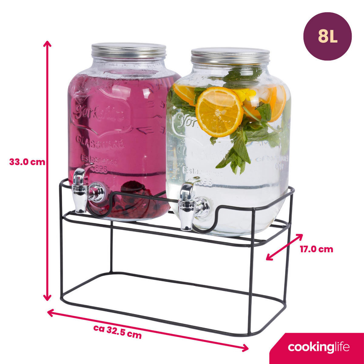 GETRÄNKESPENDER Dubbele - mit Halter - 2 x 4 Liter - Schwarz, Glas (8L) - Cookinglife