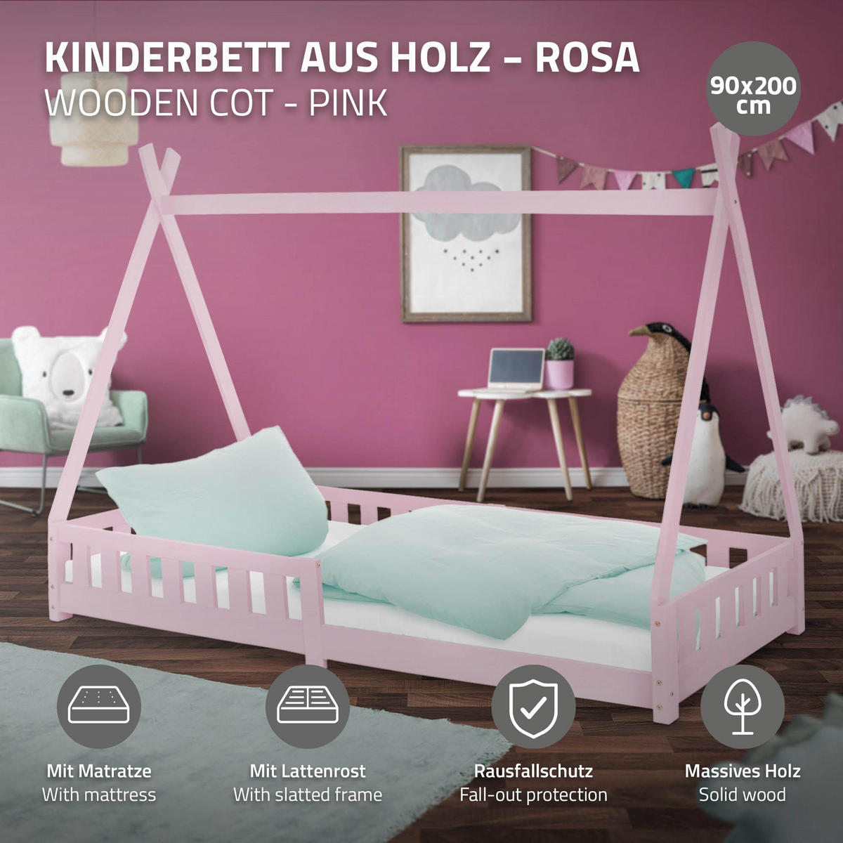 KINDERBETT Tipi mit Matratze 90x200 cm Rosa - Pink, Holz (90/200cm) - ML-DESIGN