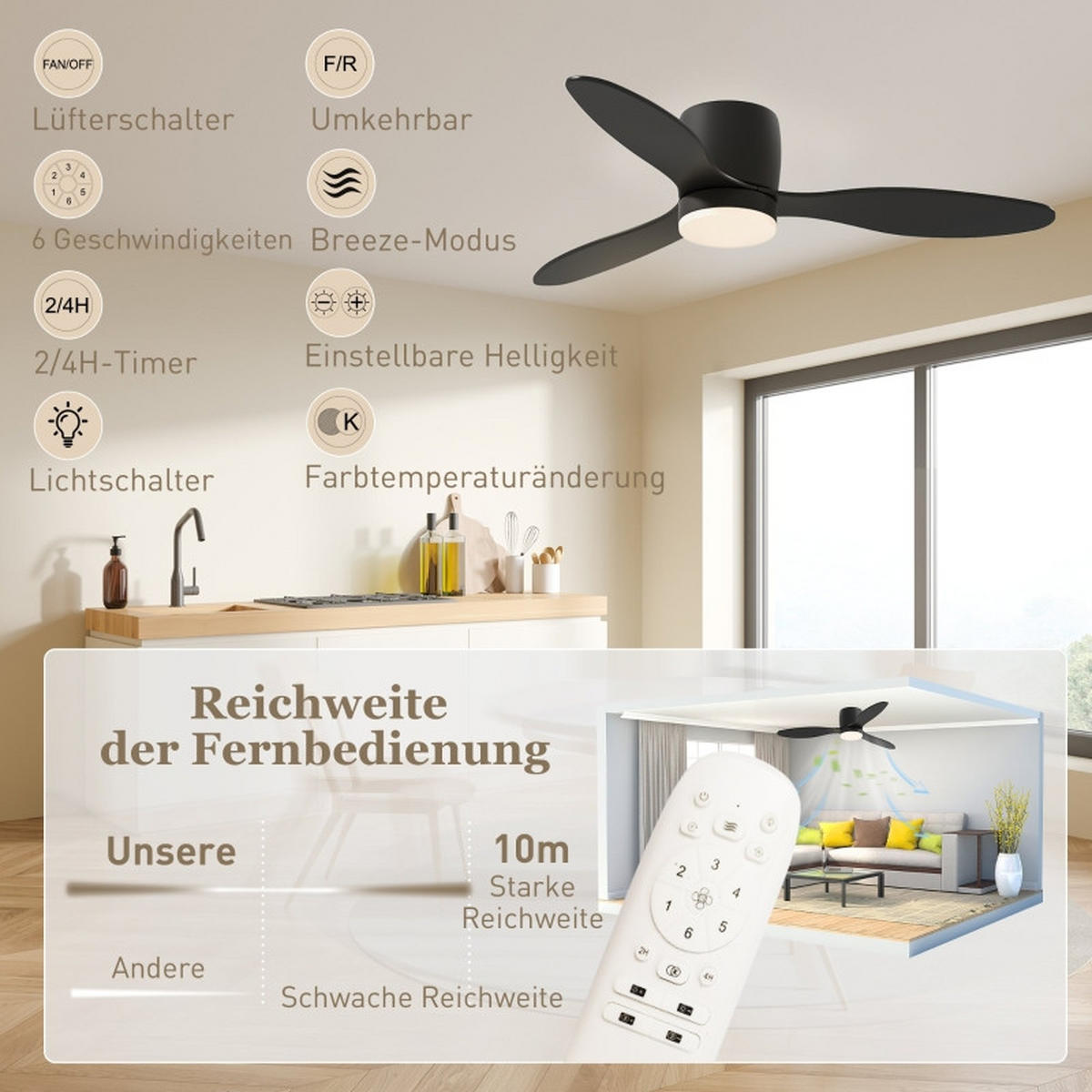 DECKENVENTILATOR 115cm LED Licht DC Motor 3 Flügel Timer - Schwarz, Kunststoff (115/115/20cm) - CASIVA
