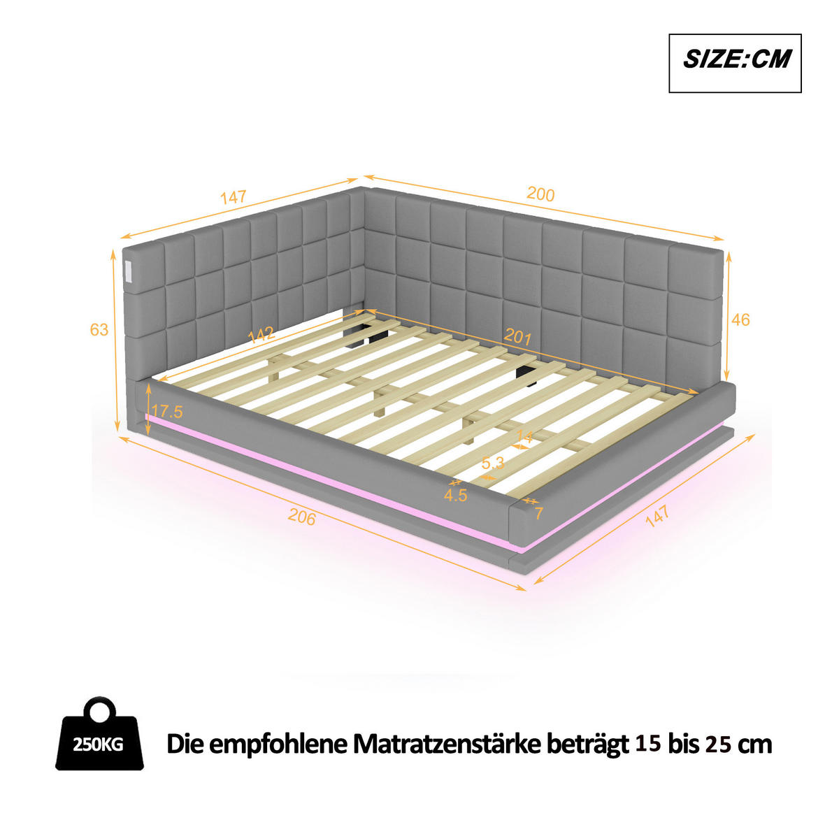 POLSTERBETT 140/200 cm aus Leinen mit LED-Lichtleiste, USB-Steckdose und Lattenrost Grau - Grau, Textil (140/200cm) - Modenvie