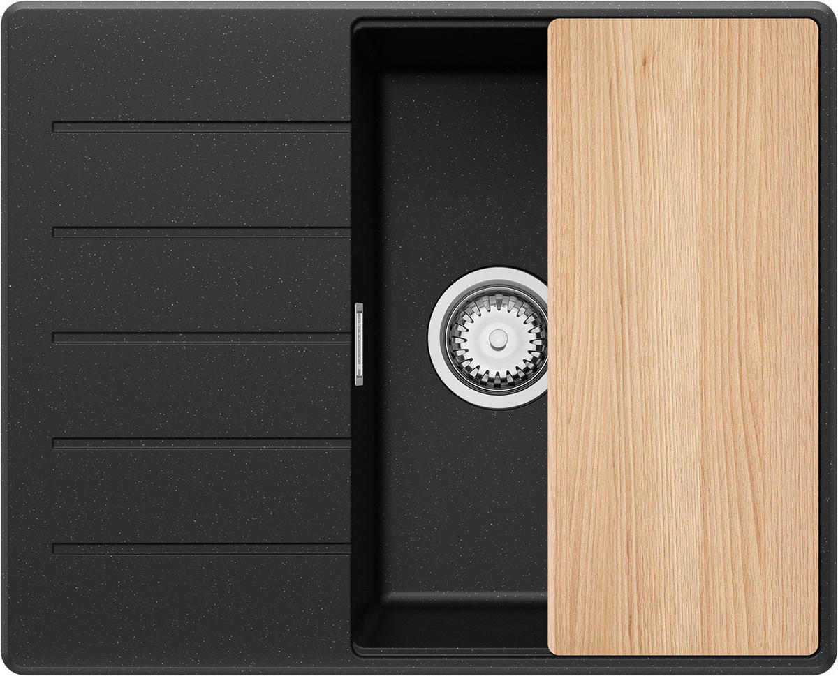 SPÜLBECKEN Kopenhagen, 2-er set Schwarz Metallic 62/50 cm 1 Becken + Ablauf-Set + Schneidebrett ab 45er Unterschrank - Chromfarben/Schwarz Hochglanz, Kunststoff (62/20/50cm) - Primagran