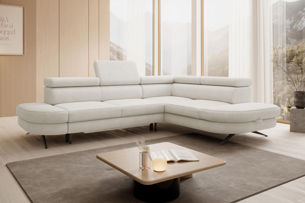 ECKSOFA OTIS L-förm, Schlaffunktion, verstellbare Kopfstützen, in AURORA-Stoff, lose Rückenkissen, freistehend, RECHTS 276x218x97 cm White - Weiß, Holz/Textil (276/218cm) - DomoHome