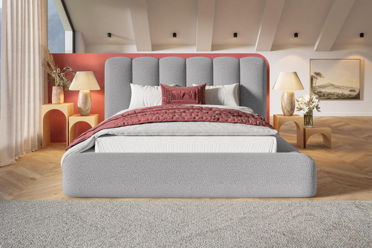 BETT 180x200 - Polsterbett mit Bettkasten und Metallrahmen - Modern Bett - Eleganter Catch Me-Stoff - Kollektion Alva Maxi - Hellgrau - Hellgrau, Holz/Textil (180/200cm) - Alpi-Möbel