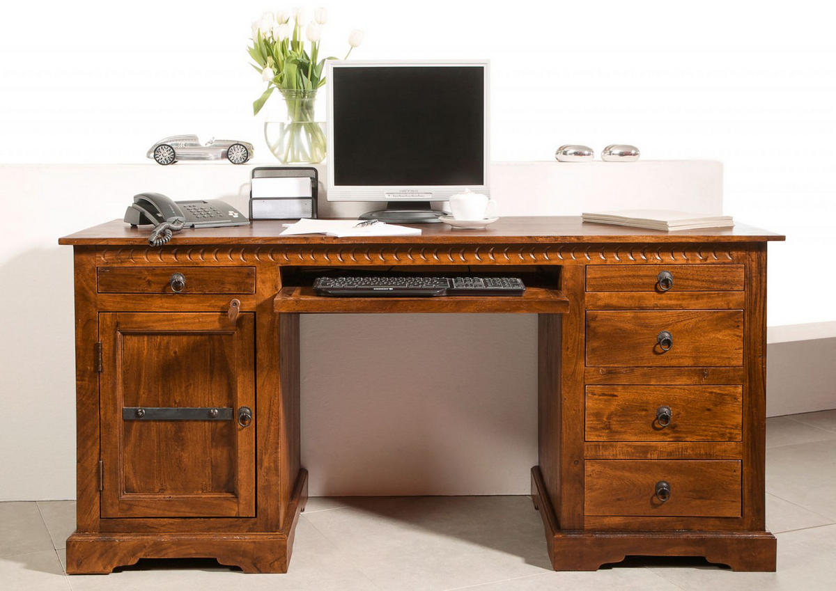 SCHREIBTISCH Akazie 158x54x76 honig lackiert OXFORD #0522 - Braun, Holz (54/158/76cm) - Massivmoebel24