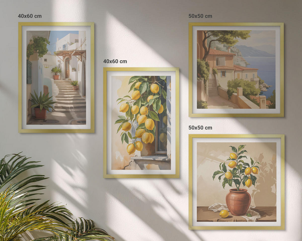 WANDBILDER 4er Set - 50x50 cm & 40x60 cm Goldrahmen - Lemon Streets Meerblick - Goldfarben, Kunststoff (50/50cm) - ArtPrintCave