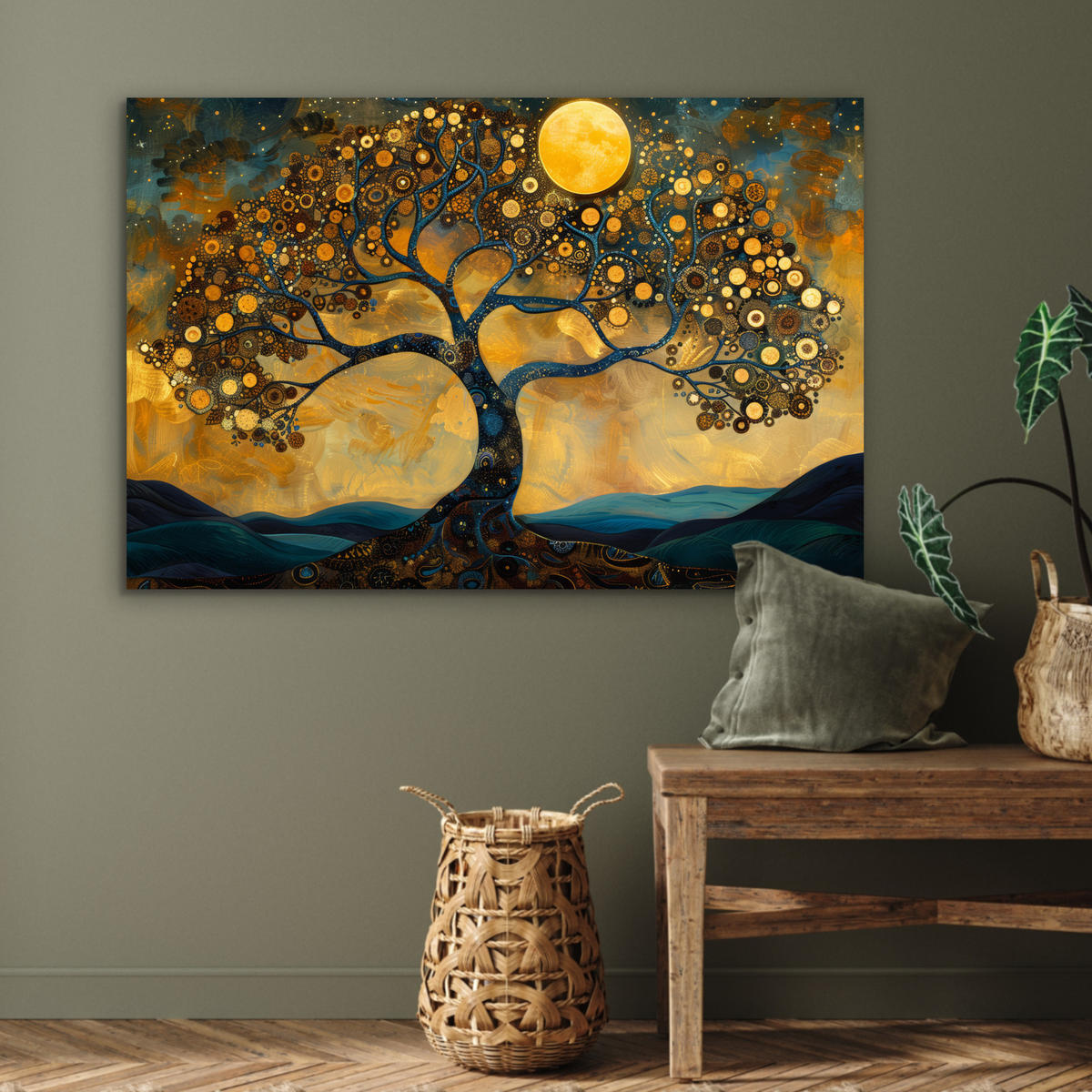 METALLBILD Baum - Mond - Blumen - Gold - Kunst 120x80 cm - Orange, Metall (120/80cm) - MuchoWow