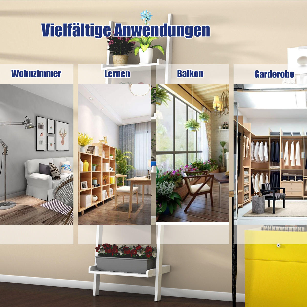 LEITERREGAL mit 5 Boeden Weiß - Weiß, Holz (33/189/56cm) - COSTWAY