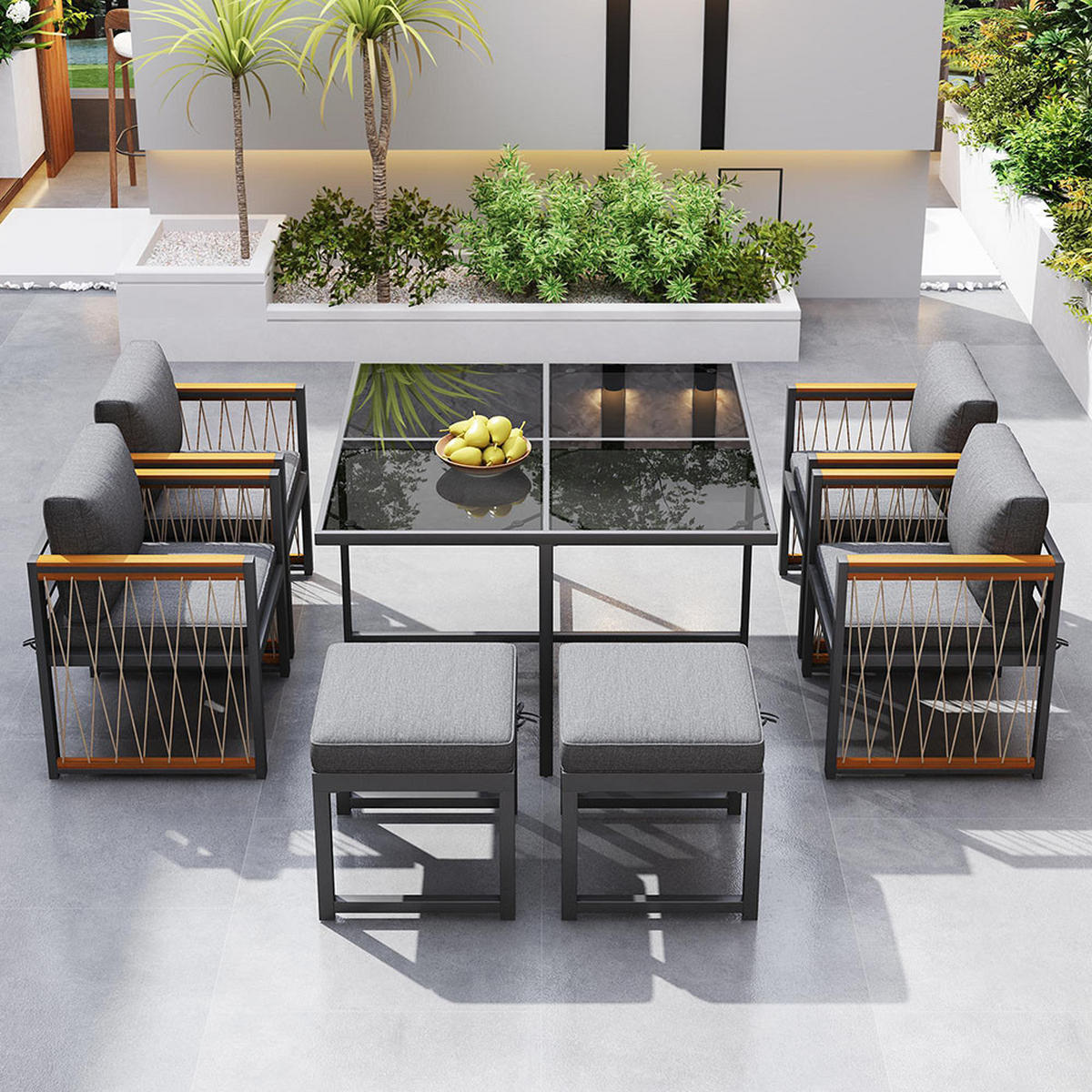 DINING-LOUNGESET für 6 Personen mit Tisch aus gehärtetem Glas - Schwarz, Metall - KOMHTOM