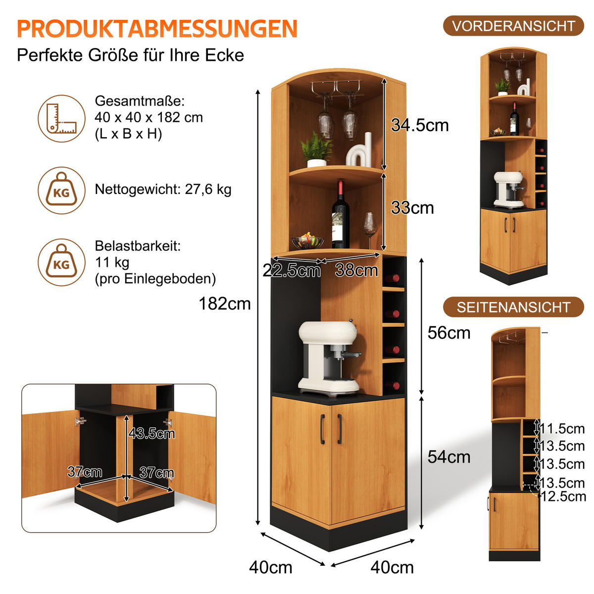 HIGHBOARD DE-38705 40/40/182 cm Weinglasregal und 4 Weinfächer Holz - Naturfarben, Holzwerkstoff (40/182/40cm) - ComfortXL