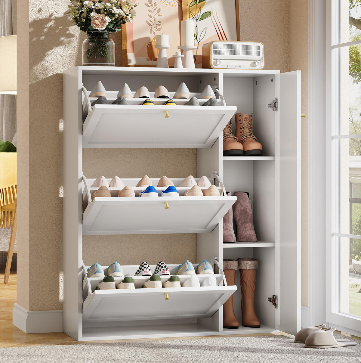 SCHUHSCHRANK 90/25/114 cm in Weiß mit 3 Klappen und 1 Tür - Weiß, Holzwerkstoff (90/114/25cm) - Flora Grace