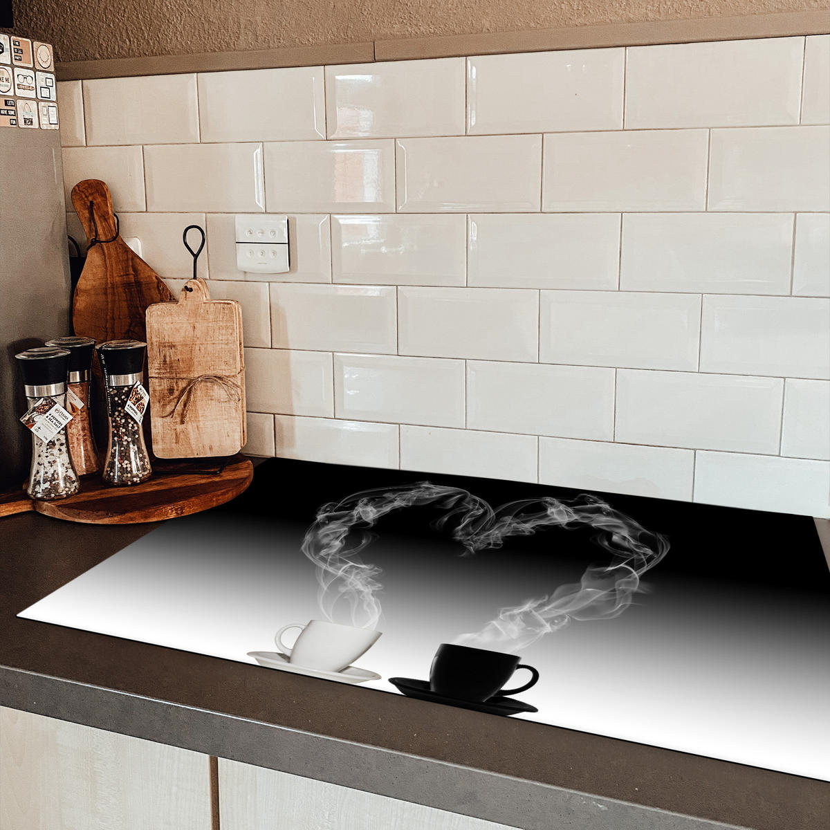 HERDABDECKPLATTE Kaffee - Herz - Schwarz und weiß - Tassen Induktionsmatte 83x51 cm - Weiß, Kunststoff (83/51.5/0.2cm) - MuchoWow