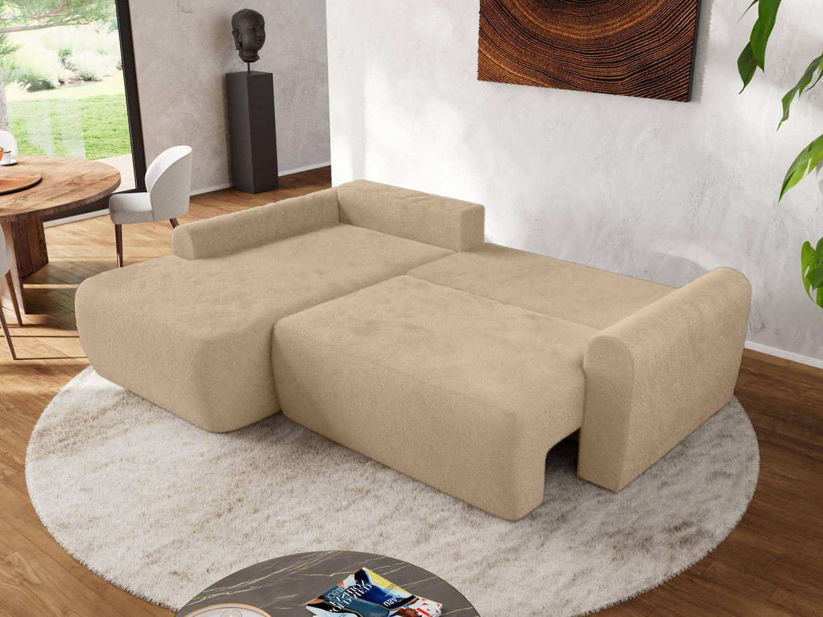 ECKSCHLAFSOFA CUBO L Beige Plüsch - links - Beige/Schwarz, Kunststoff/Textil (273/187cm) - MKS