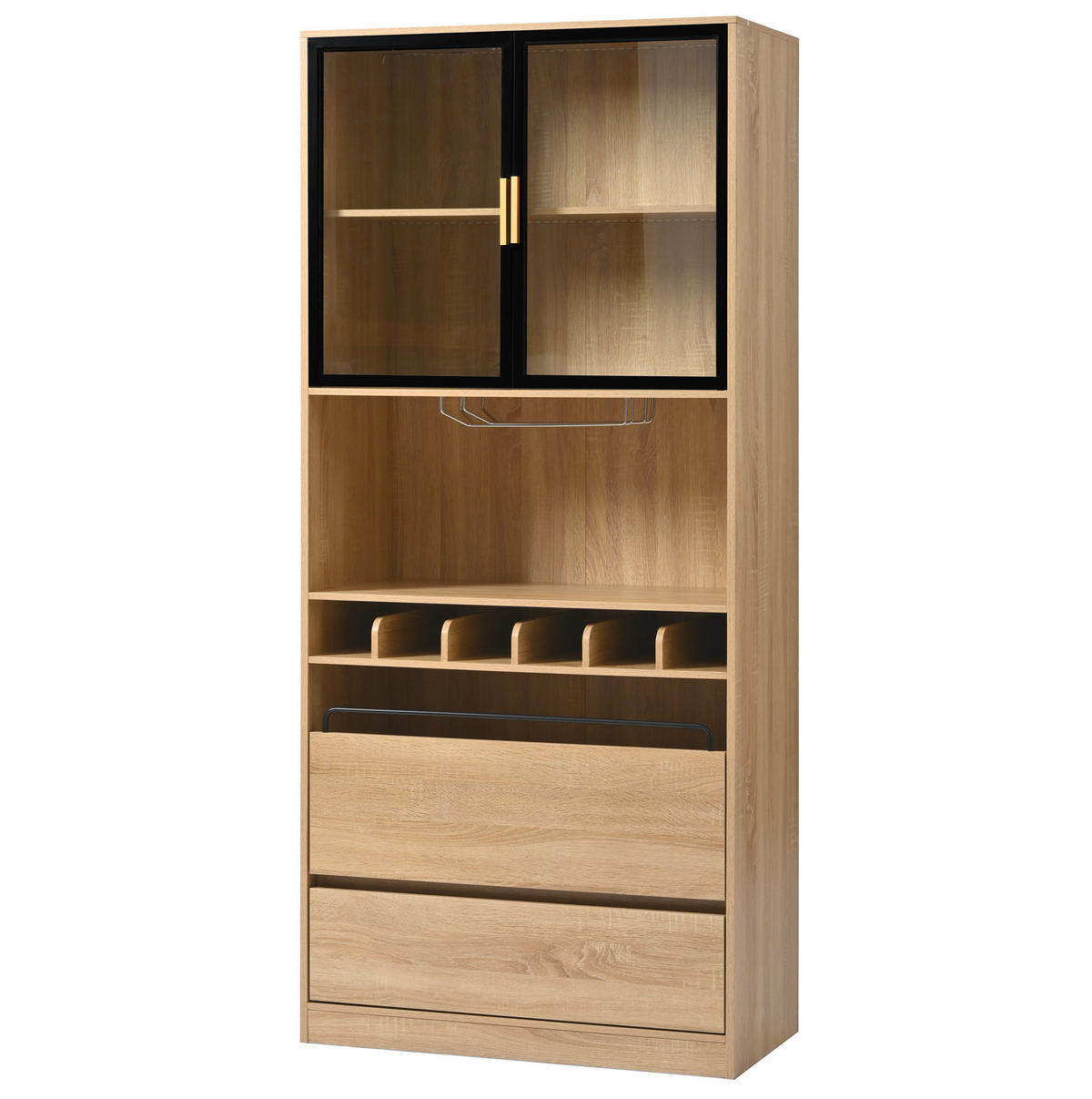 VITRINE 80x40x180 cm Naturfarben mit Glastüren & LED-Lichtleiste - Naturfarben, Holzwerkstoff (80/180/40cm) - Modfu