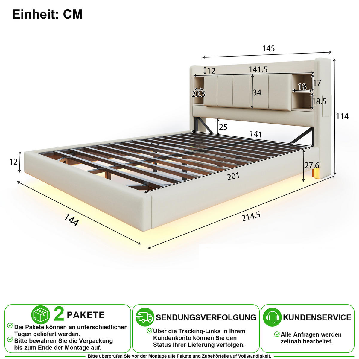 POLSTERBETT 140/200 cm in Beige mit LED, USB, Regal und Stauraum Leinenstoff - Beige, Holzwerkstoff/Textil (140/200cm) - CHICFURN