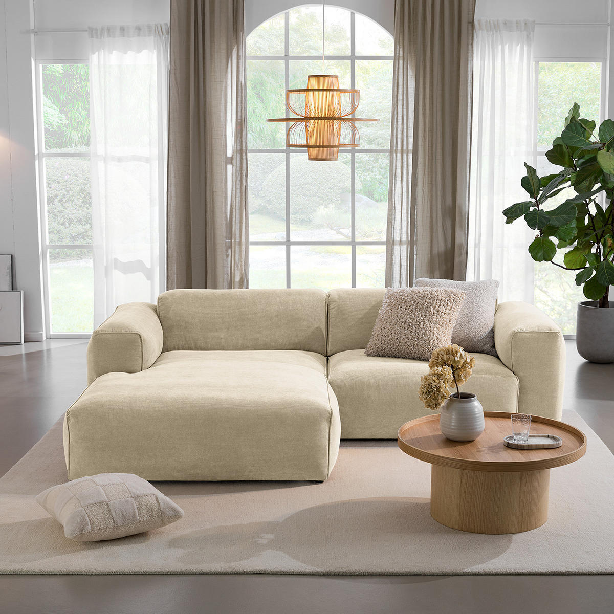 ECKSOFA mit XL-Longchair - Beige/Schwarz, Kunststoff/Textil (260/171cm) - home24