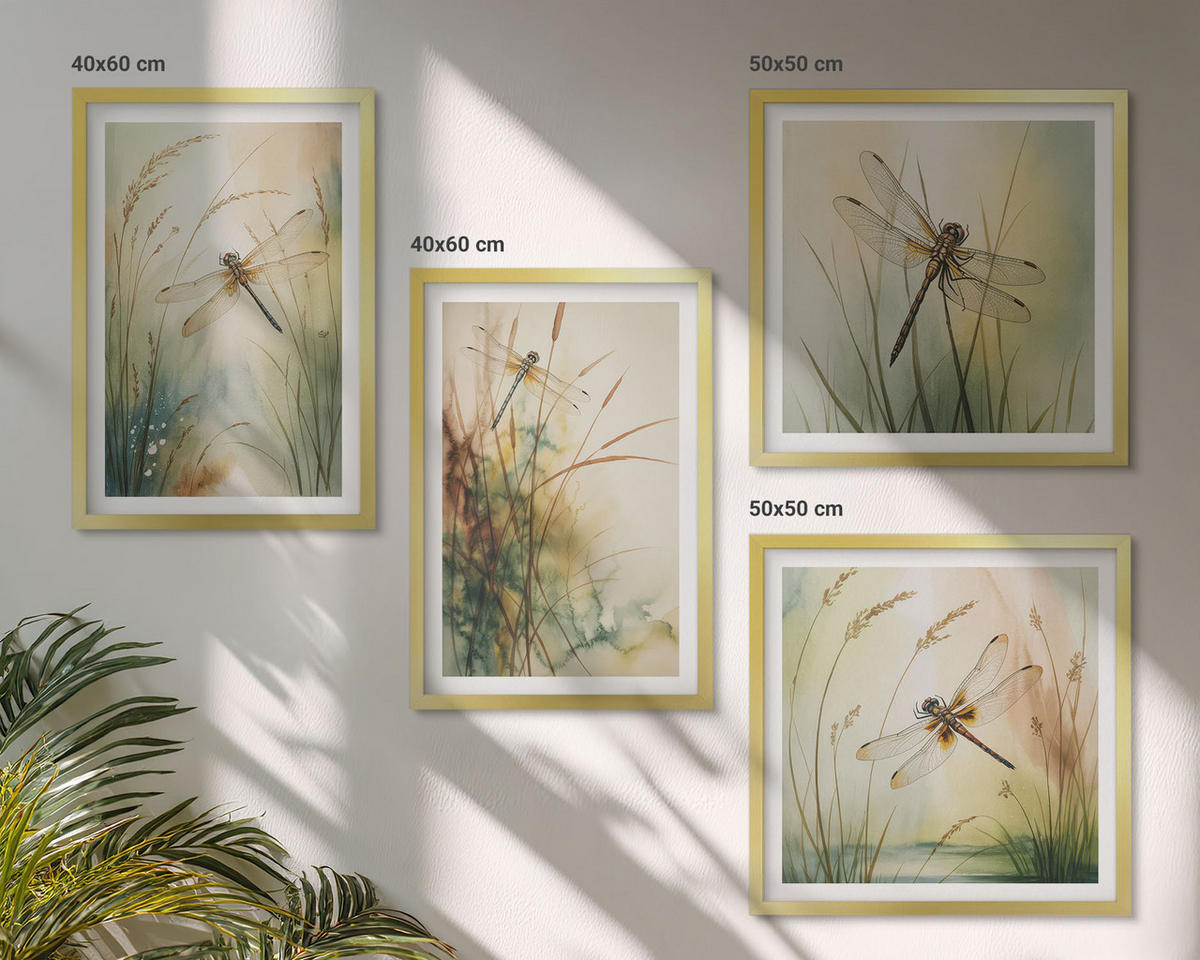 WANDBILDER 4er Set - 50x50 cm & 40x60 cm Goldrahmen - Libellengräser über dem Wasser - Goldfarben, Kunststoff (50/50cm) - ArtPrintCave