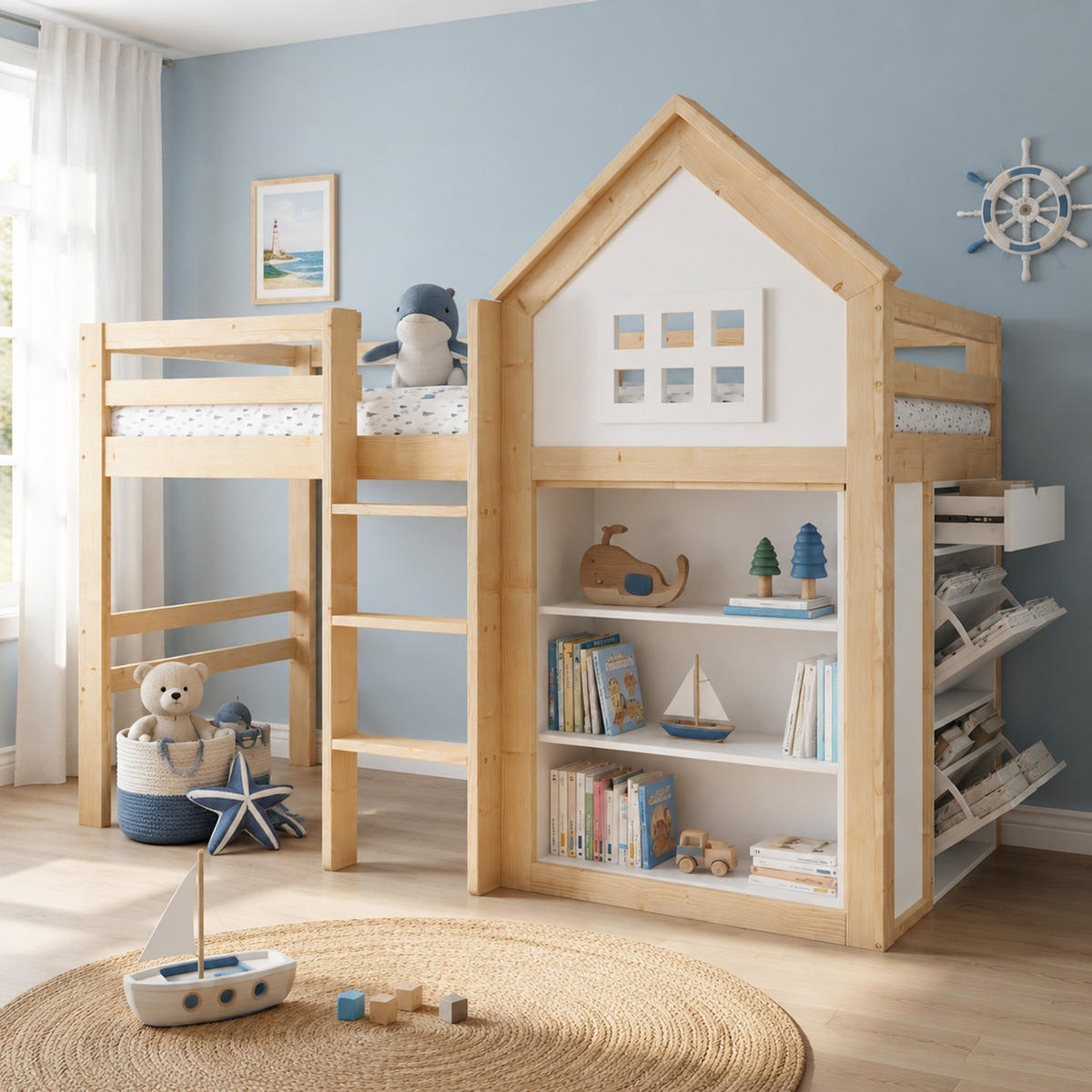 HOCHBETT 90/200 mit Staufächern, Schubladen und Sicherheitsgeländer in Weiß und Natur - Weiß/Naturfarben, Holzwerkstoff (90/200cm) - EVRYAE