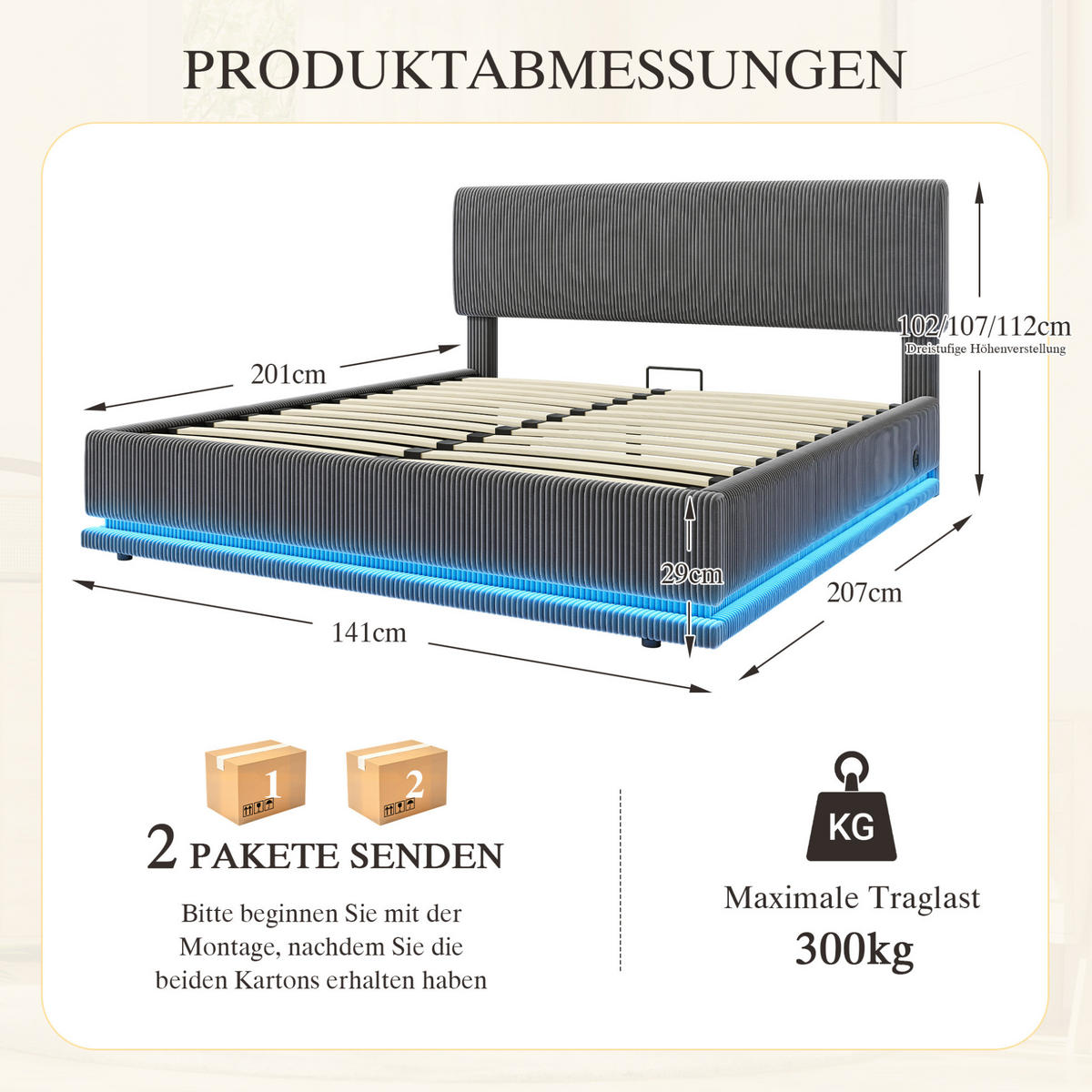POLSTERBETT mit LED und USB-C 140x200 cm Cord Dark Grey - Dunkelgrau, Metall (140/200cm) - Meubliv