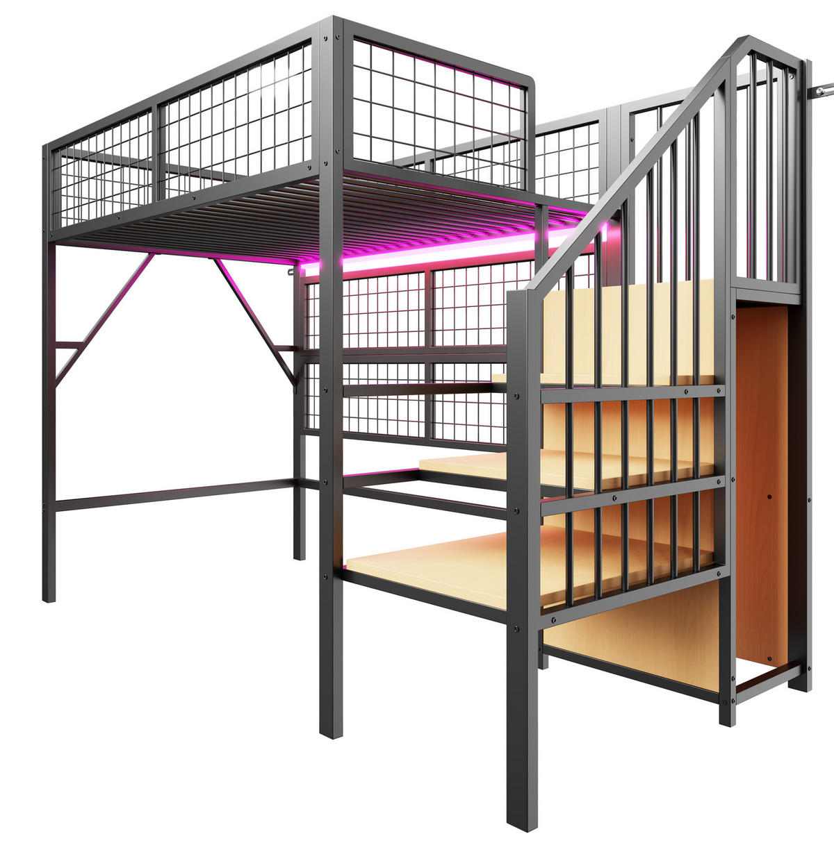 HOCHBETT 90/200 cm aus Metall in Schwarz – mit Stauraumtreppe und LED - Schwarz, Metall (90/200cm) - BEAOK