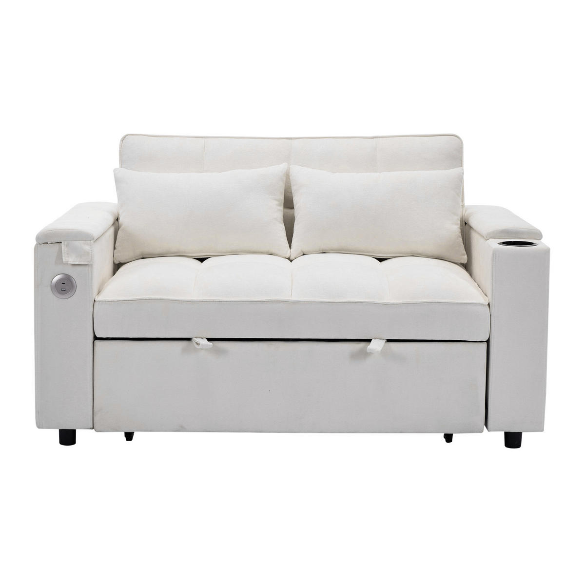 SCHLAFSOFA aus Stoff 140,5x74x82 cm Beige mit USB-, Typ-C-Anschluss, verstellbarer Rückenlehne und verstecktem Tisch - Beige, Textil (140.5/82/74cm) - Modfu