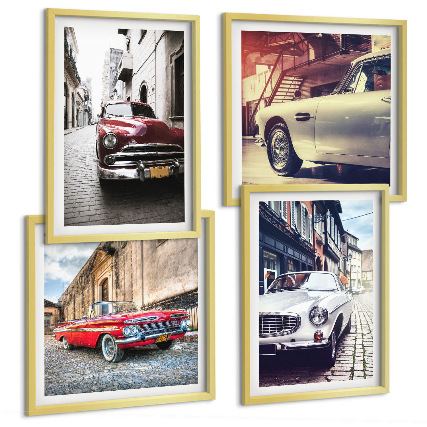 BILDER SET 4er Set - 50x50 cm & 40x60 cm Goldrahmen - Oldtimer in Städten - Goldfarben, Kunststoff (50/50cm) - TULUP