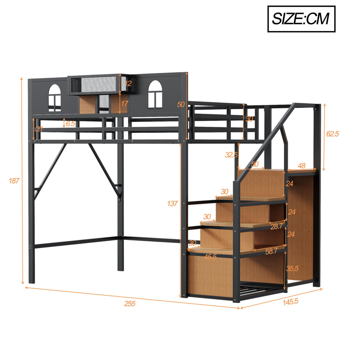 HOCHBETT 140/200 cm aus Metall/MDF mit Stauraumleiter und Ablage Schwarz - Schwarz, Metall (140/200cm) - Modenvie