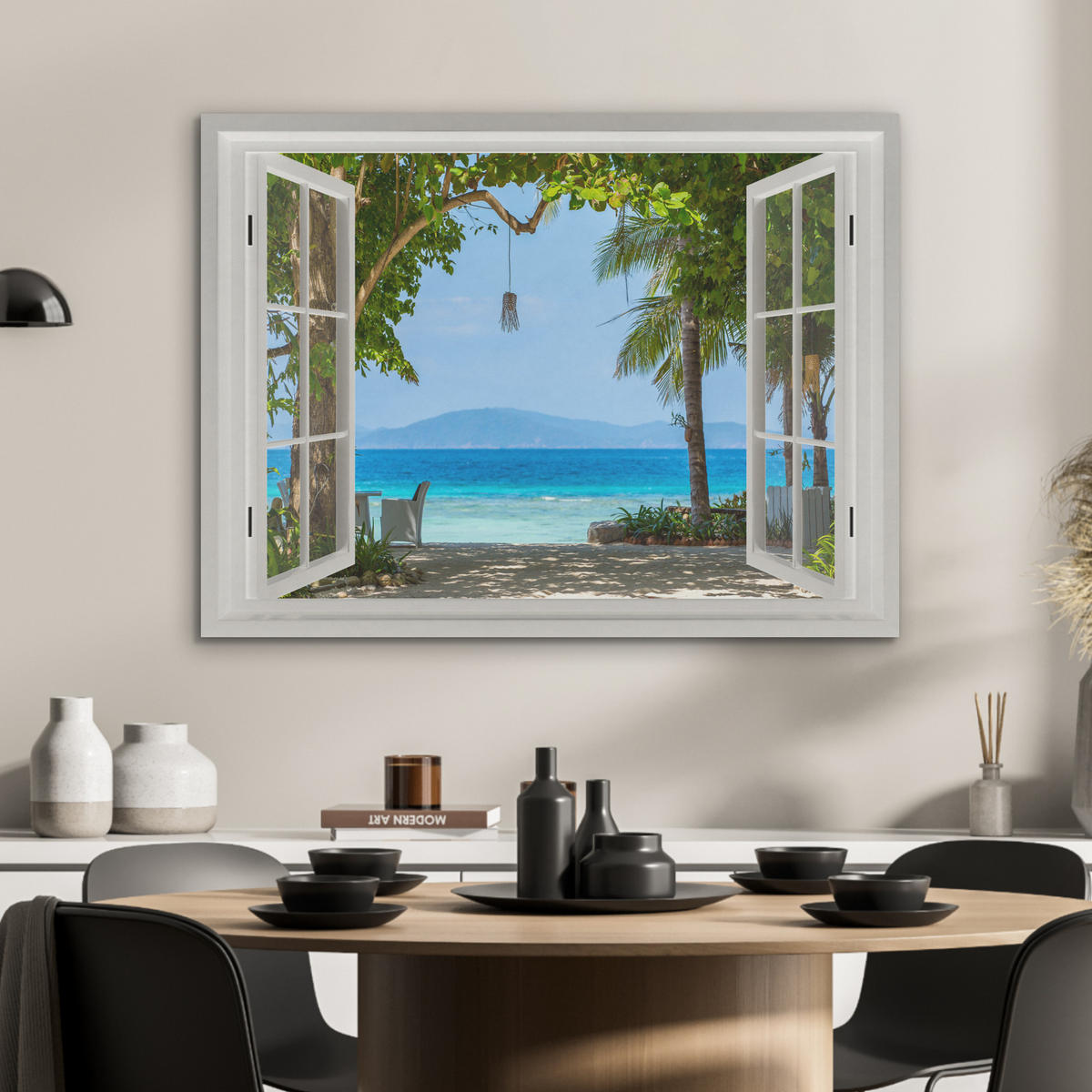 AKUSTIKBILD Aussicht - Baum - Meer - Palme - Hügel - Strand - Blau Gemälde 80x60 cm - Blau, Textil (80/60/0.9cm) - MuchoWow