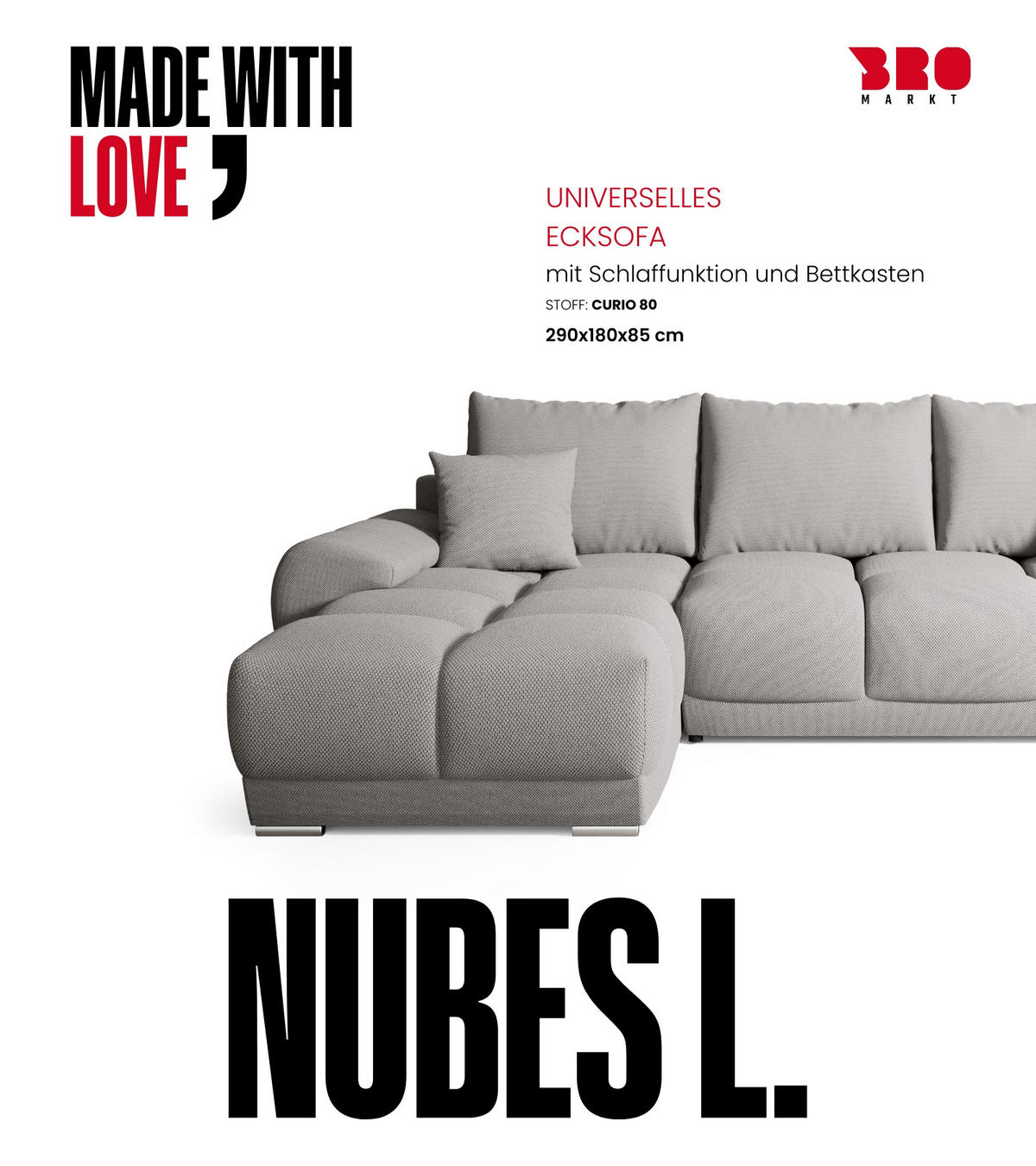 ECKSOFA Nubes mit Schlaffunktion Hellgrau - Silberfarben/Hellgrau, Kunststoff/Textil (290/180cm) - Bromarkt