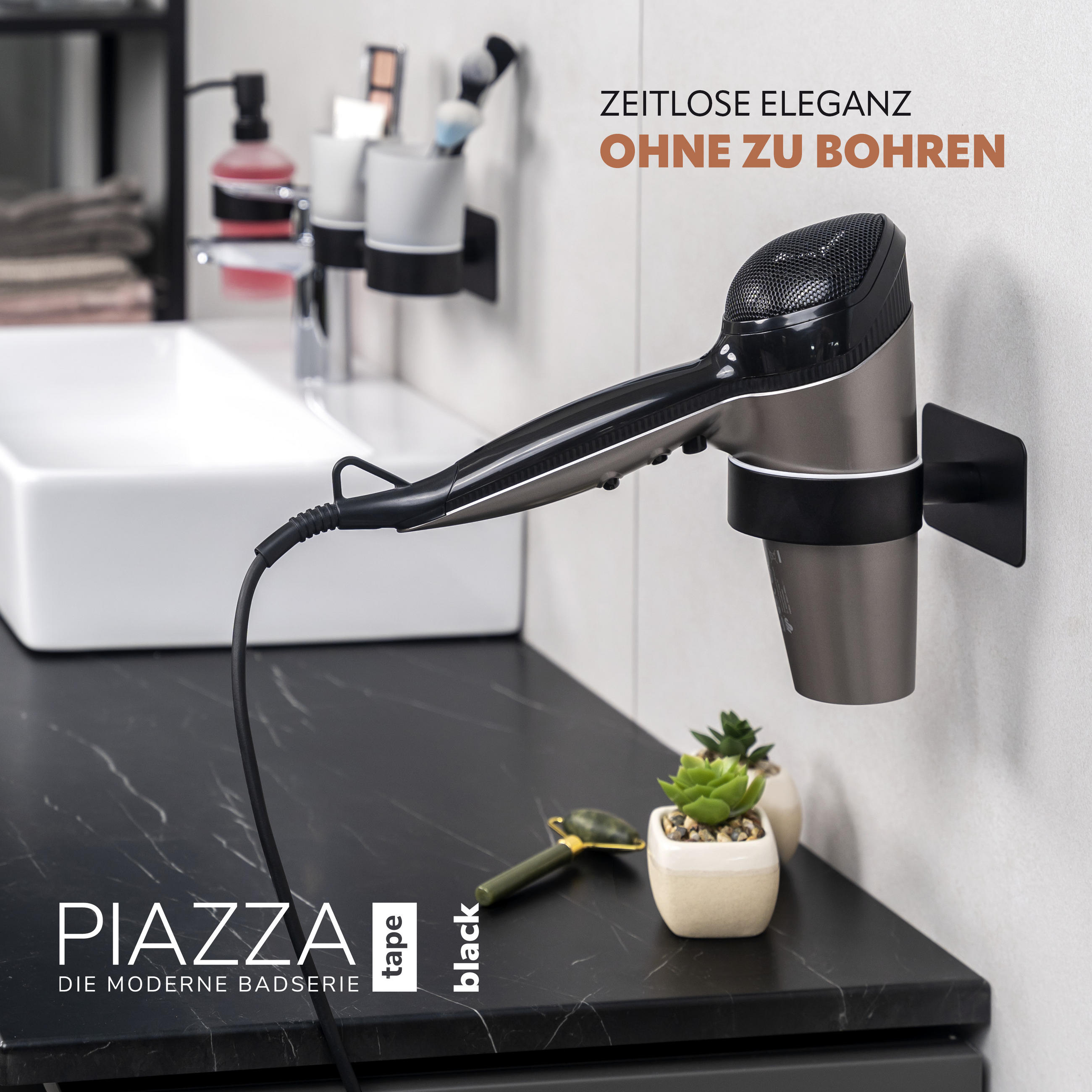 HAARTROCKNERHALTER PIAZZA mit Kleber - Schwarz, Metall (10.5/6/14cm) - bremermann