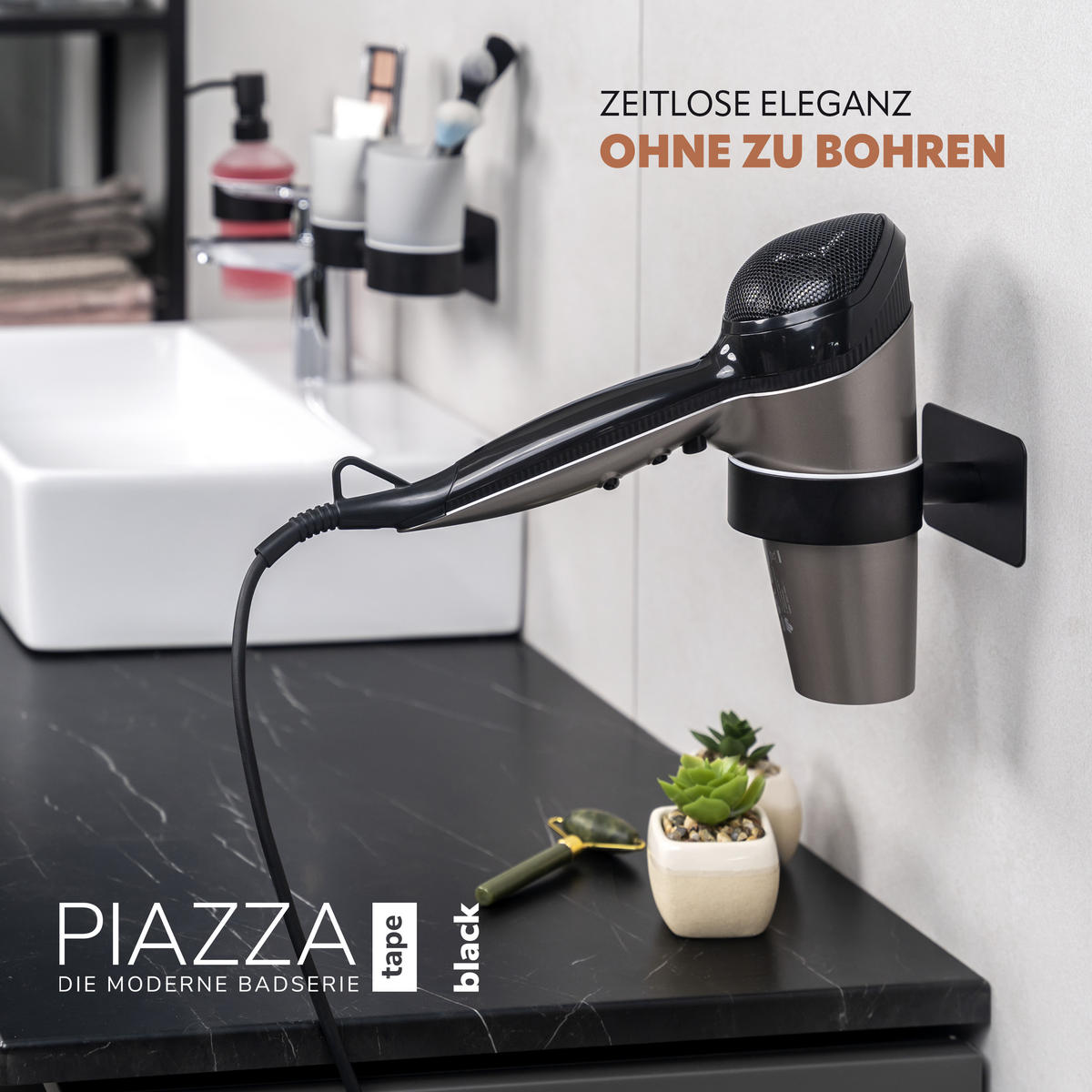 HAARTROCKNERHALTER PIAZZA mit Kleber - Schwarz, Metall (10.5/6/14cm) - bremermann