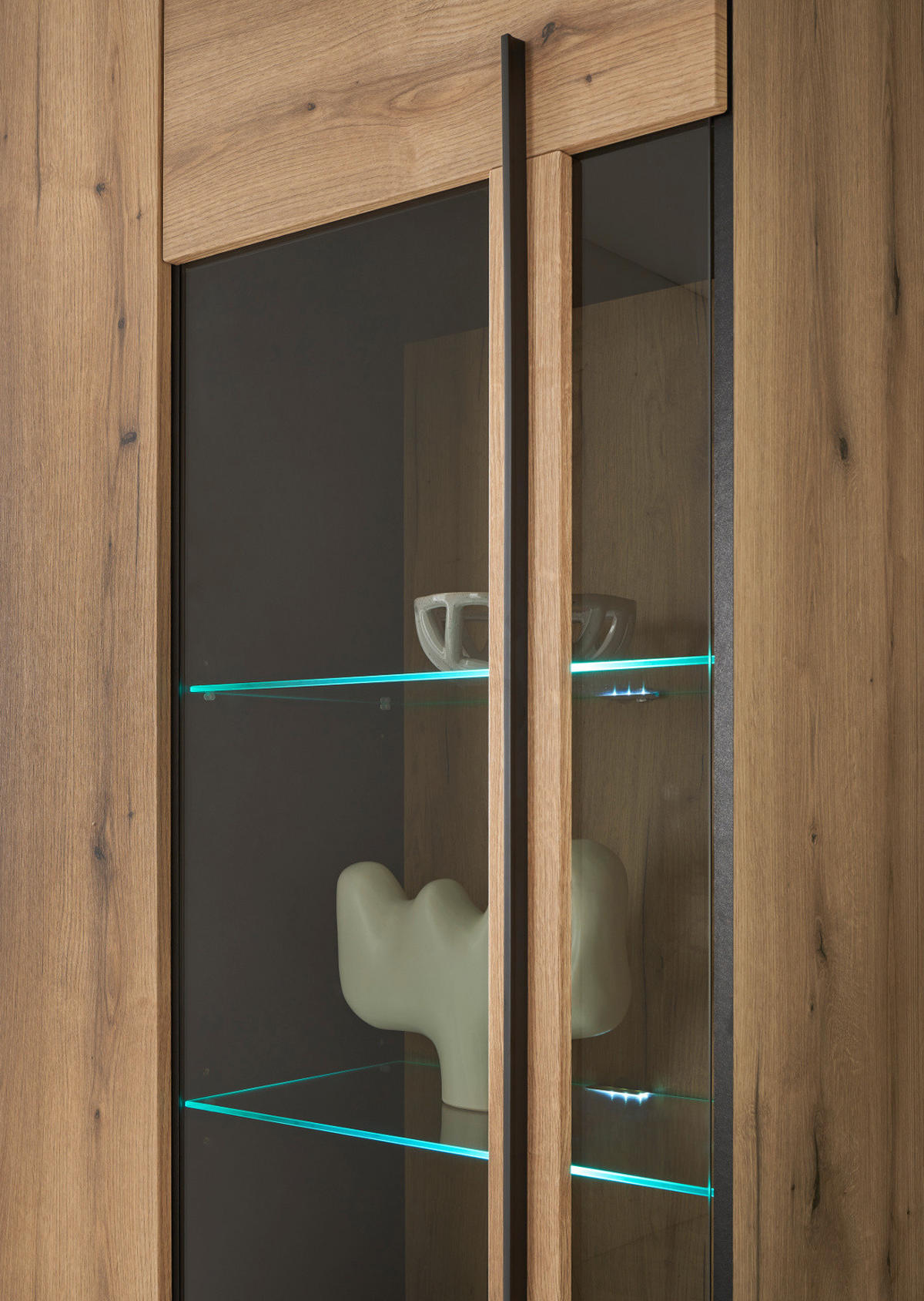 VITRINE Eiche Evoke, Vitrinenschrank 90 cm, Glas grau - Eichefarben/Schwarz, Glas/Holzwerkstoff (90/200/37cm) - Furn.Design