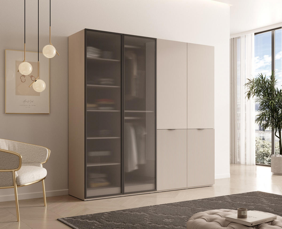 KLEIDERSCHRANK ZEN (Modular, Cashmere Matt, Cashmere & Geriffeltes Glas Flutes, 4-türig) - Kaschmir/Schwarz, Holz/Holzwerkstoff (202/200/51cm) - Ravio