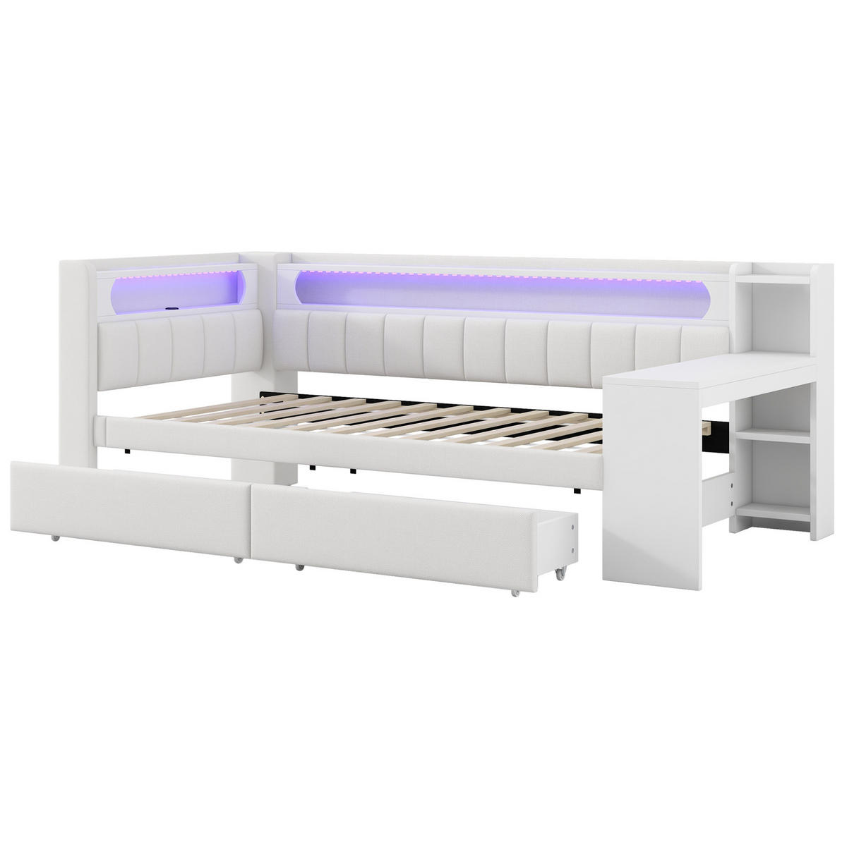 POLSTERBETT 90/200 cm Weiß mit LED-Beleuchtung, USB-Anschluss, Schreibtisch und 2 Schubladen - Weiß, Holzwerkstoff (90/200cm) - Flora Grace