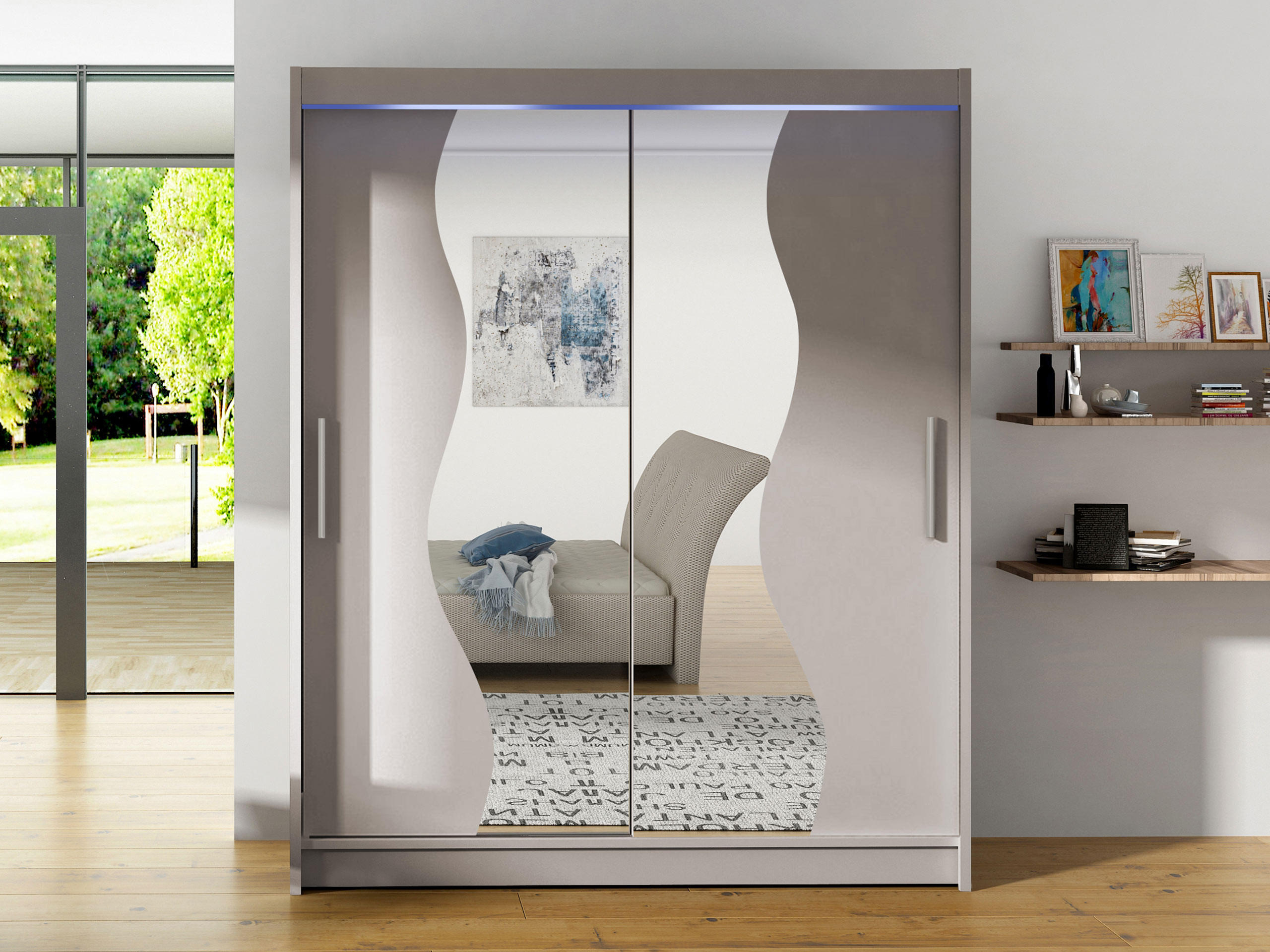 SCHWEBETÜRENSCHRANK Westa S, mit RGB LED Beleuchtung - Kaschmir/Silberfarben, Holzwerkstoff/Metall (150/200/58cm) - MIRJAN24