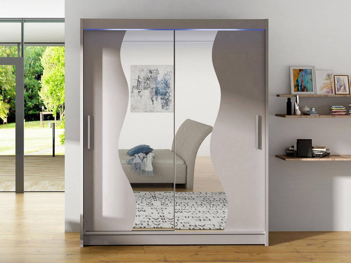 SCHWEBETÜRENSCHRANK Westa S, mit RGB LED Beleuchtung - Kaschmir/Silberfarben, Holzwerkstoff/Metall (150/200/58cm) - MIRJAN24