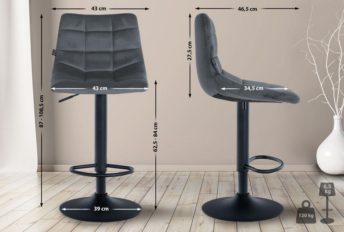 BARHOCKER Samt dunkelgrau - Dunkelgrau/Schwarz, Textil/Metall (43/87/46.5cm) - CLP