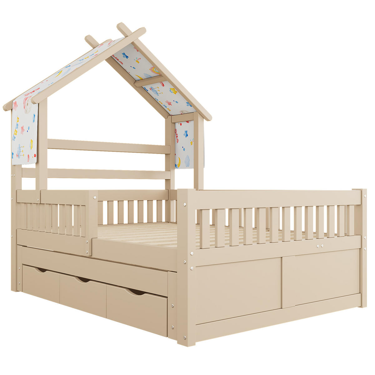 HAUSBETT 140/200 cm DE-03356, mit Ausziehbett, 3 Schubladen und Sicherheitsgittern, in Natur - Creme, Holz/Holzwerkstoff (140/200cm) - ComfortXL