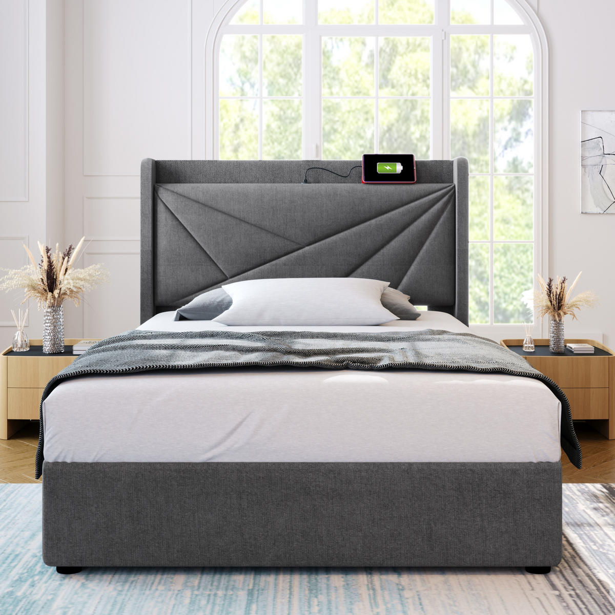 POLSTERBETT aus Baumwoll-Leinen 90x200 cm Grau mit Bettkasten, USB- und USB-C-Anschluss und Matratze - Grau, Textil (90/200cm) - IVMEU