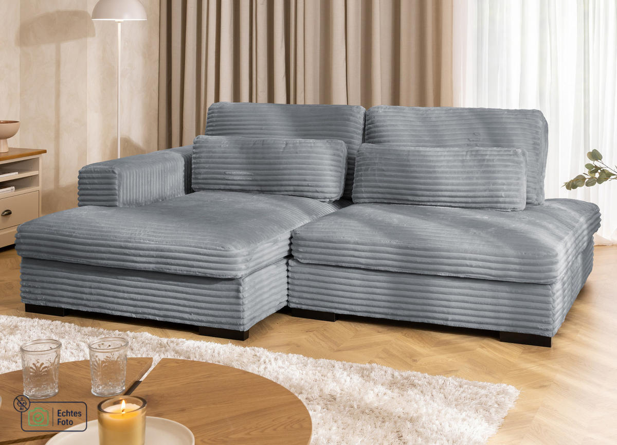 ECKSOFA Wolke mit tiefer Sitzfläche, Schlaffunktion und praktischem Bettkasten aus weichem Grau Cordstoff - Schwarz/Grau, Holz/Kunststoff (162/225cm) - S-Style