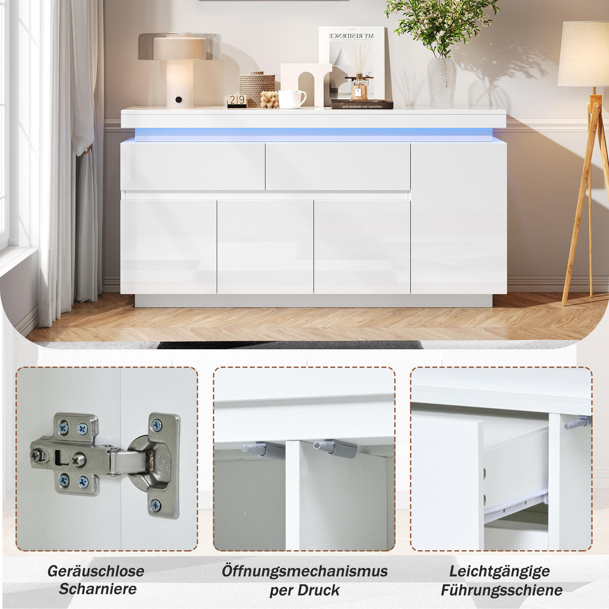 SIDEBOARD 140cm Hochglanz LED 4 Türen 2 Schubladen Weiß modern - Weiß, Holzwerkstoff (35/72.5/140cm) - FLIEKS