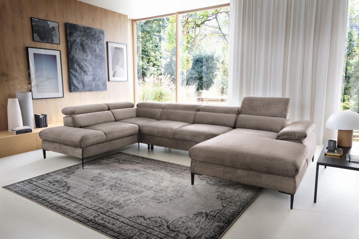 WOHNLANDSCHAFT MESTO Braun Velours-Stoff mit Schlaffunktion - Braun, Holz (353/94/182cm) - MASSENO