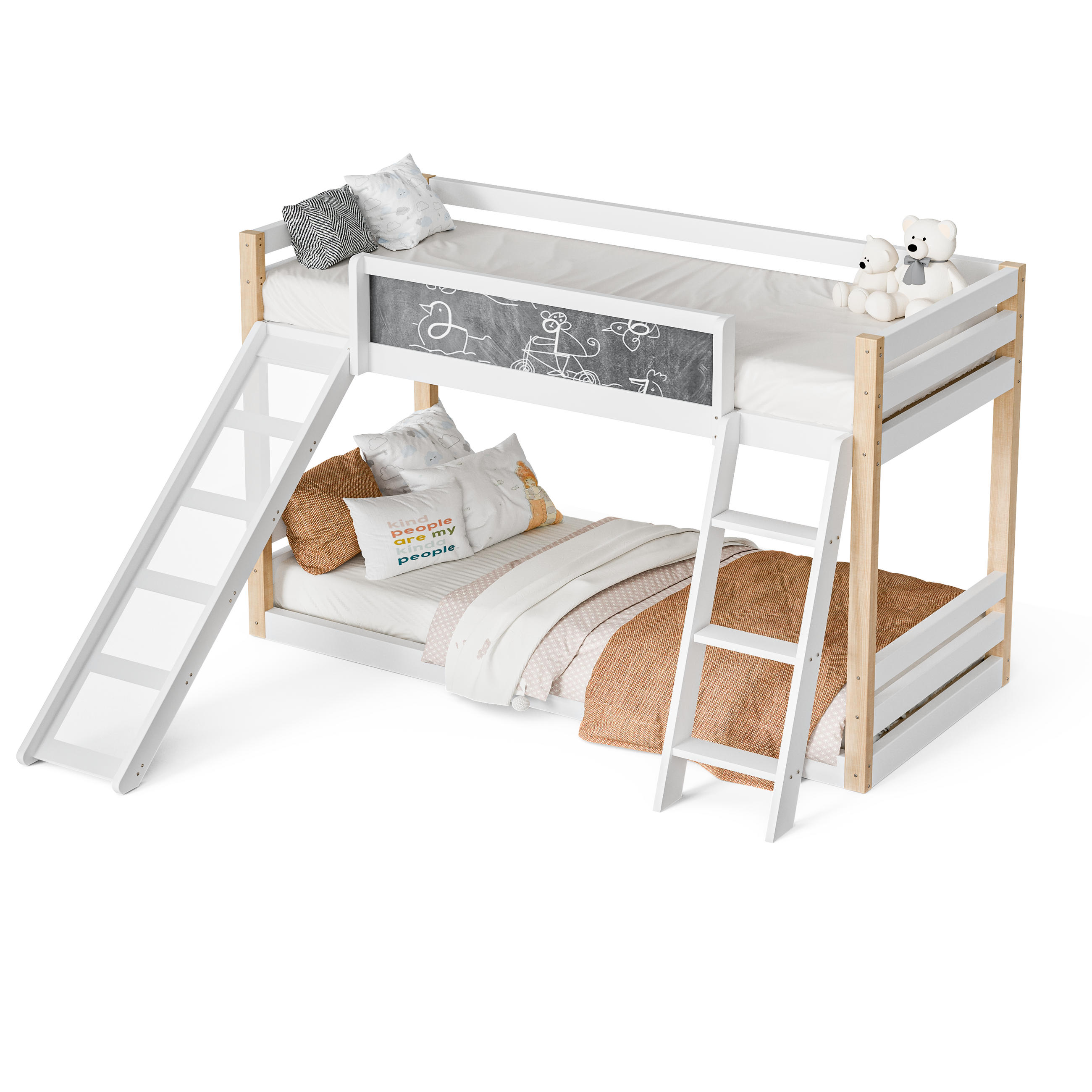 EATAGENBETT 90x200/190 mit Rutsche & Kreidetafel, Rausfallschutz/Leiter, Holz, Weiß - Weiß, Holz - LVHOM