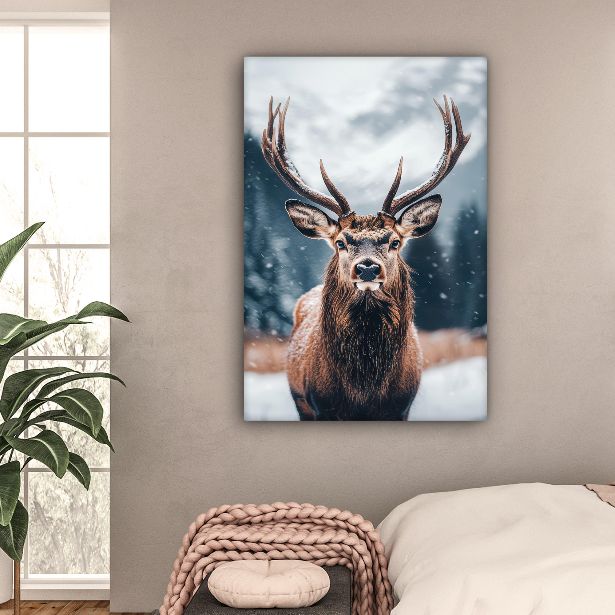 LEINWANDBILD Hirsche - Tiere - Landschaft - Winter - Schnee 80x120 cm - Kastanienfarben, Textil (80/120cm) - MuchoWow