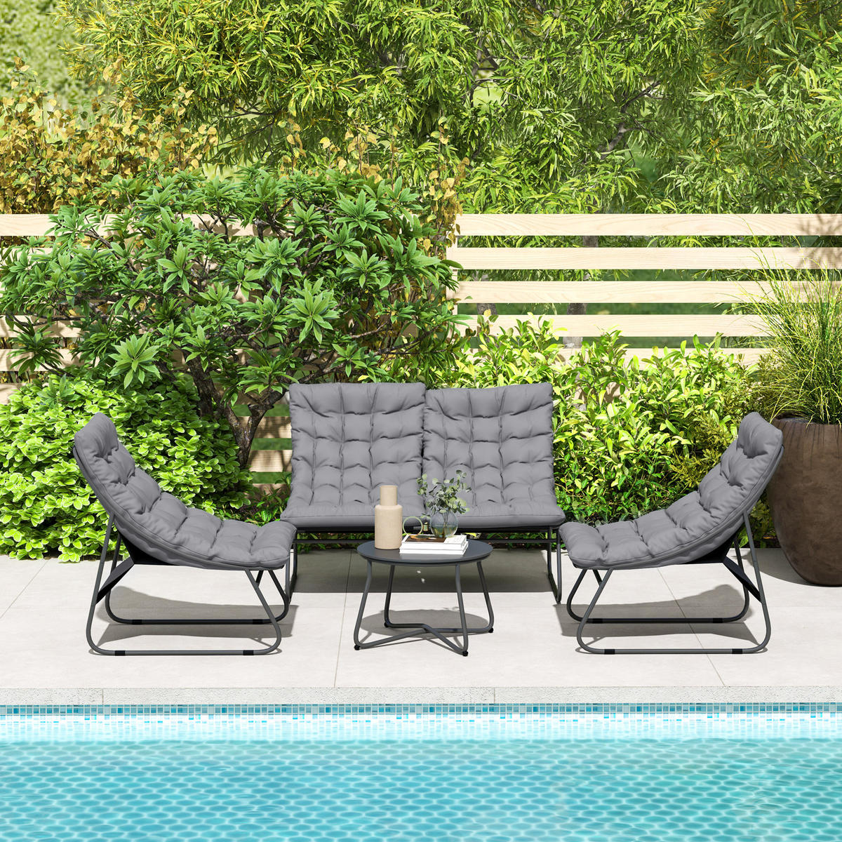 4-SITZER GARTENMÖBEL-SET DE-06540 2 Stühle, 1 Doppel-Sofa, 1 Tisch, dicke Kissen Grau - Grau, Textil/Metall - ComfortXL