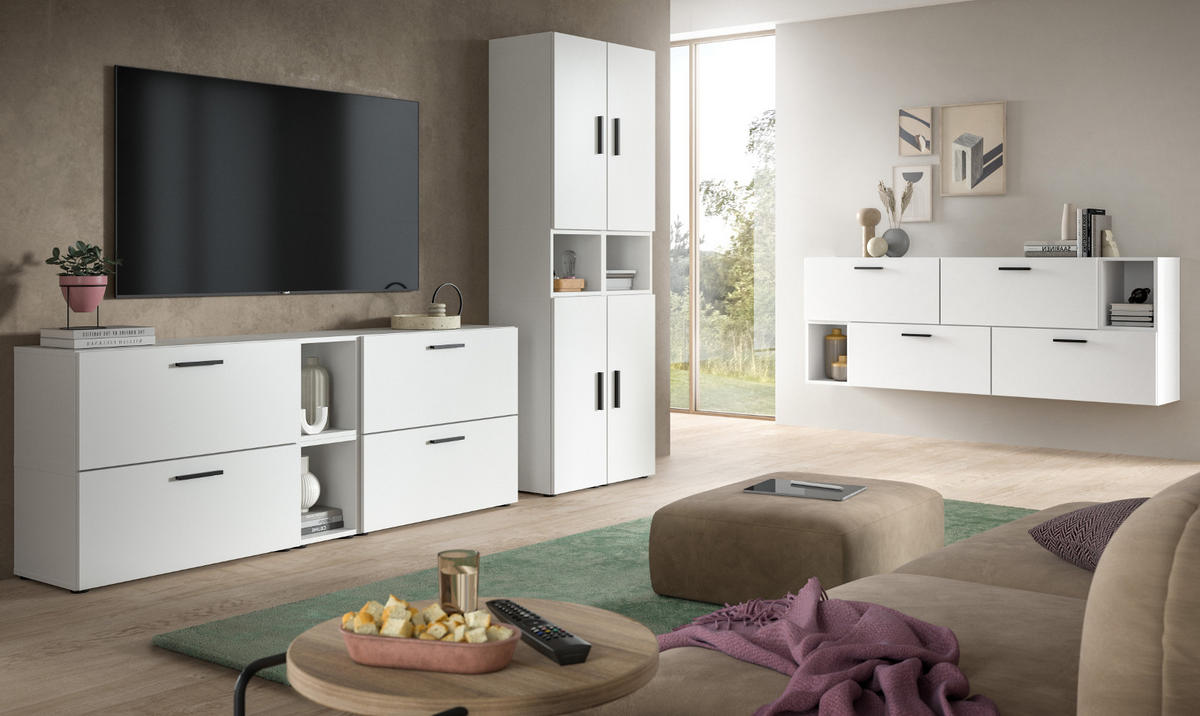 WOHNWAND weiß 202 cm, Schrankwand mit Soft-Close - Schwarz/Weiß, Holzwerkstoff/Kunststoff (202/184/34cm) - Inn.Furn