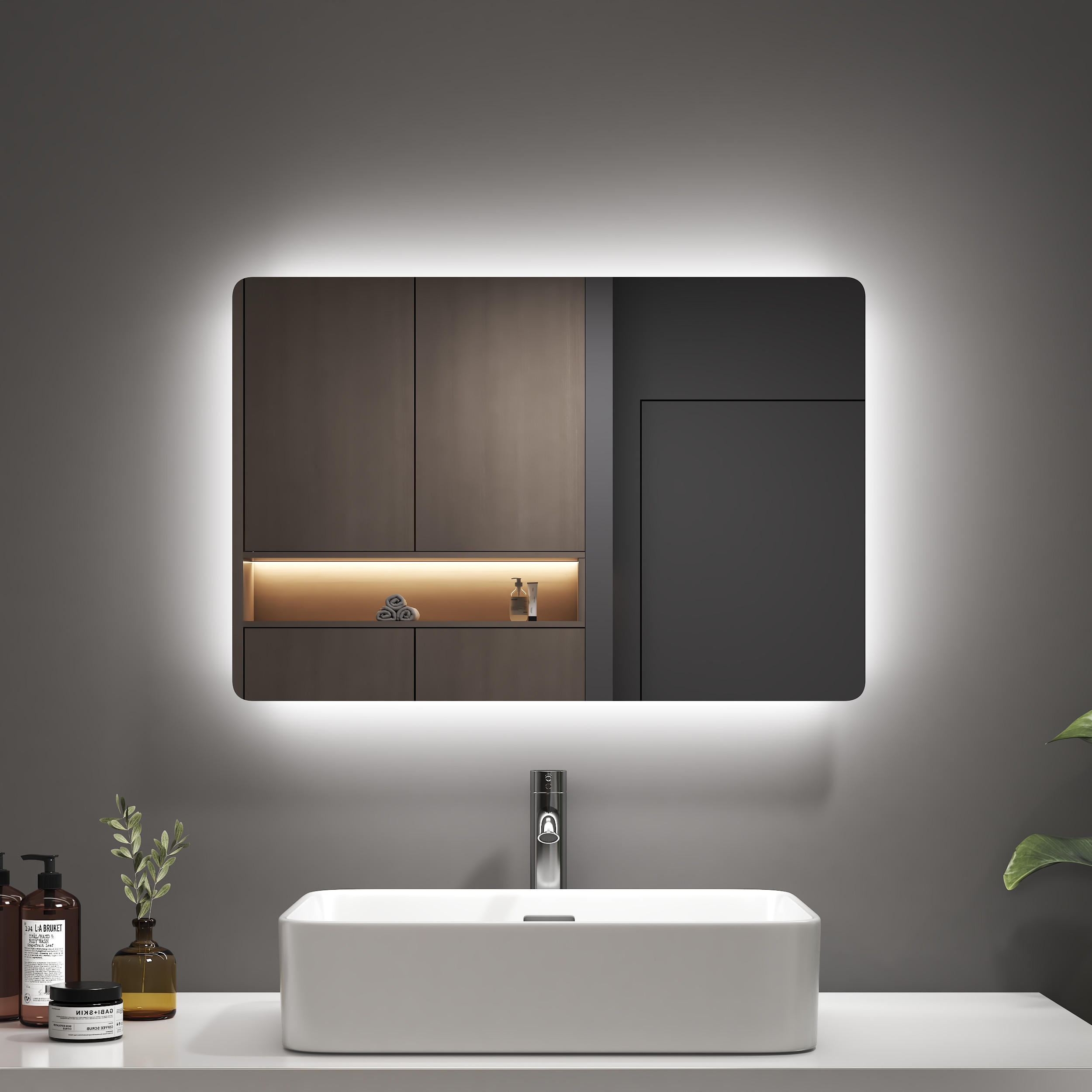 BADSPIEGEL mit Anti-Beschlag Beleuchtung Rechteckig 60/50 cm - Weiß, Glas (50/3.6/60cm) - EMKE