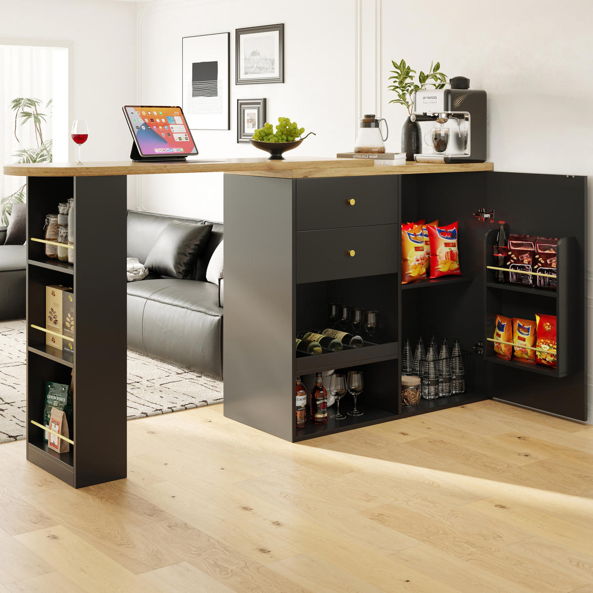 BARTISCH 138/39/104 cm in Schwarz mit drehbarem Regal und Stauraum - Schwarz, Holzwerkstoff (39/105/102cm) - BEAOK