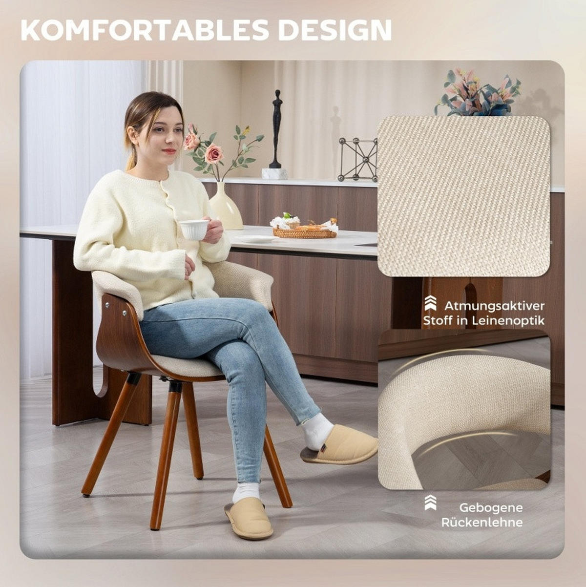 ESSZIMMERSTUHL mit Rückenlehne 62 x 55 x 75 cm Polyester Beige - Beige, Metall (55/75/62cm) - Meubliv