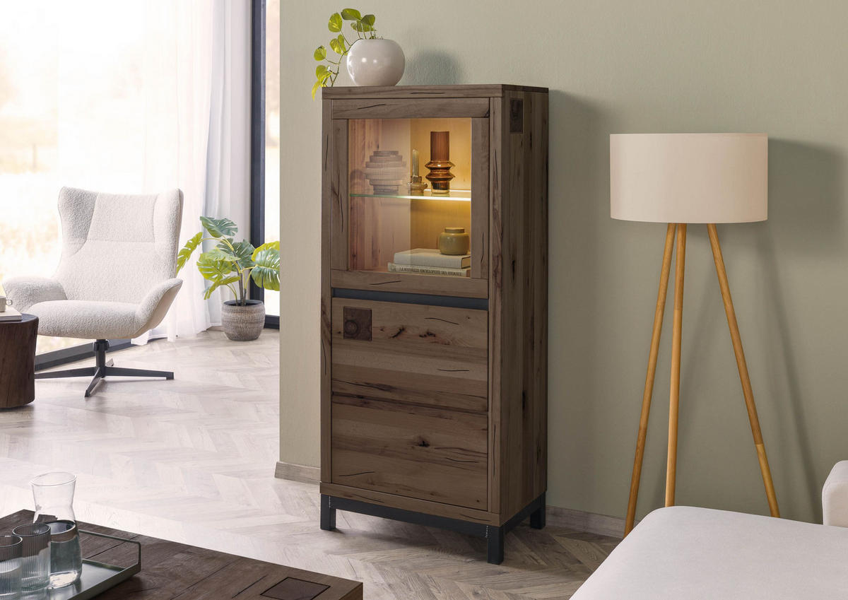 VITRINE Kernbuche 65x40x148 tabacco braun geölt VILLANDERS #204 - Braun, Holz (65/148/40cm) - Massivmoebel24